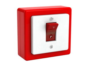 A close-up shot of a red and white toggle switch with the switch flipped down. The box is square and mounted