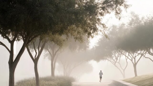 A person runs on a paved path surrounded by tall trees and dense fog, evoking calm and solitude. The misty morning light adds a dreamy, serene quality to the outdoor environment