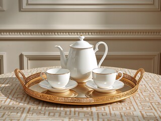 White teapot and two cups on wicker tray, classic interior background, elegant afternoon tea setup.