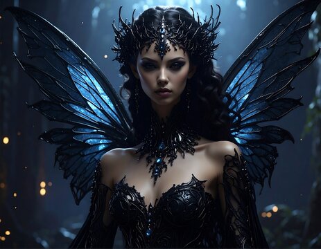 A mesmerizing fae creature, adorned with wings and jewels, in a mystic forest