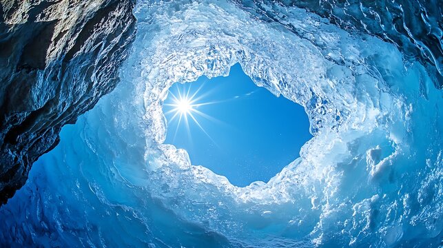 Aperture of ice formation towards glowing sunlight with blue sky above - Powered by Adobe