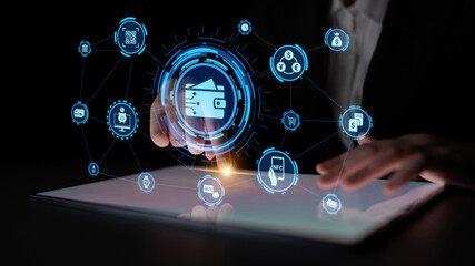 Digital wallet icons show mobile payment, digital wallet transfer, and online banking. Digital wallet supports secure payment, cashless transactions, and financial integration. Entice