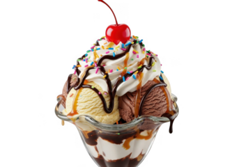 Delicious ice cream sundae with whipped cream sprinkles and cherry isolated on transparent background