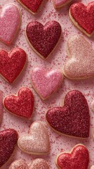 Heart-shaped cookies with sparkling glitter on pastel pink background, vertical photo