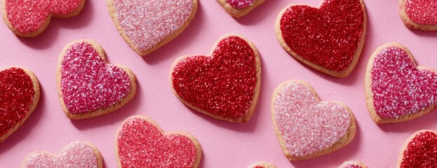 Heart-shaped cookies with colorful sprinkles on pink background, Valentine's day banner