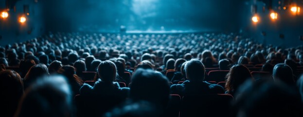 Large audience watching a movie in theater with dim lighting  