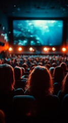 Audience watching underwater movie in cinema with bright lights, vertical photo  