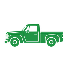 Fototapeta premium Green pickup truck illustration side view on white background.