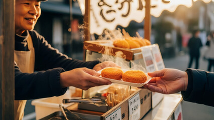 Japanese street food vendor handing a freshly prepared snack to a customer.

