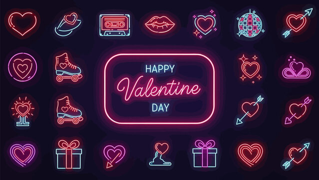 Vibrant Valentine's Day neon signs and icons collection