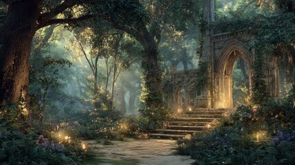 A stone archway and staircase of an abandoned building are lit by golden light, set within a lush, enchanted forest