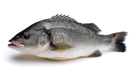 Obraz premium Fresh sea bass fish side view, silver scale, isolated on white background, healthy seafood, natural texture, raw ingredient