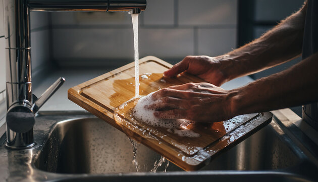 Person washing a wooden cutting board with soap and water in a kitchen sink