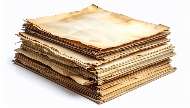 Stack of aged parchment sheets with rough edges on white background