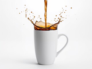 Coffee poured into white mug with splash droplets on white background, dynamic beverage action with copy space.