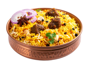 A close-up shot of a flavorful rice dish in a copper bowl, garnished with onions, star anise, cashews, and herbs