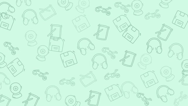 Faint scattered pattern of outdated technology icons. Suitable for technologythemed designs and projects. Modern, vintage aesthetic appeal.
