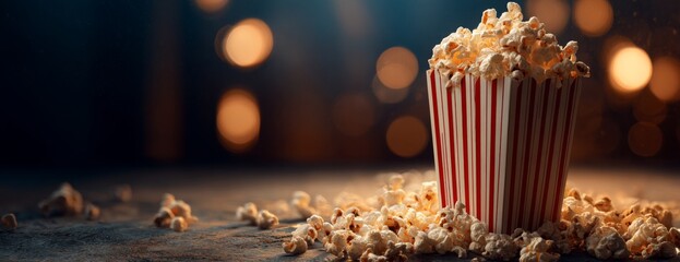 Popcorn box with scattered popcorn on dark cinema background  