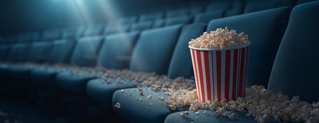 Popcorn bucket on empty cinema seat with spilled popcorn on floor  