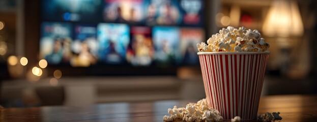 Popcorn in striped bucket in front of TV streaming movies at home  