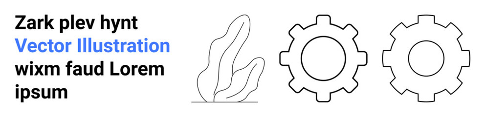 Obraz premium Nature integration, technology, balance between industries, minimalism, environmental engineering, innovation concept. A line art plant alongside two gear icons. Nature integration and technology