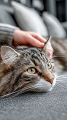 Cat being petted by a person with hand resting on its head, vertical photo