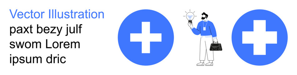 Obraz premium Healthcare, innovation, medical services, professional growth, problem-solving, creativity. Two blue medical cross symbols and a professional figure holding a lightbulb. Healthcare and innovation