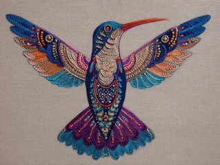 Naklejka premium Colorful Hummingbird Textile Art with Intricate Patterns and Detailed Feathers on Textured Background
