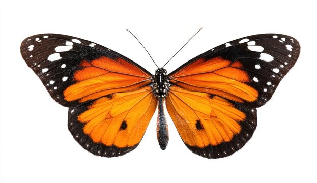 Close Up Of A Bright Orange Butterfly With Black Wing Edges And White Spots Isolated On A White Background