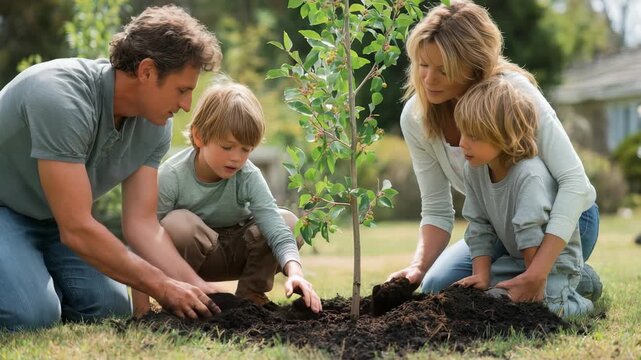 A cheerful family of four works together to plant a young tree in their backyard, teaching children about sustainability. Outdoor teamwork fosters environmental awareness and family unity