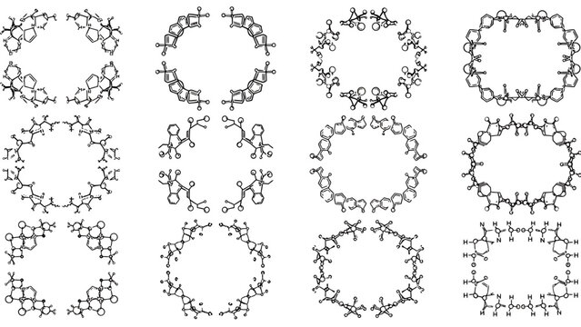 Collection of intricate circular molecular structures in black and white.