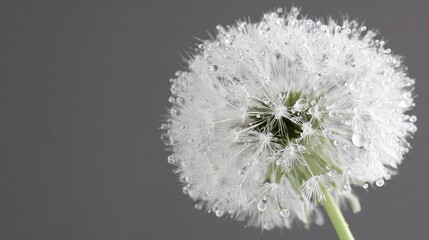 Close up view of a white dandelion seed head with glistening clear water droplets and morning dew