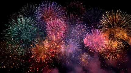 A vibrant display of colorful fireworks explodes against a dark night sky, creating a celebratory and festive atmosphere