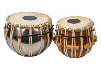 Two indian tabla drums with traditional wooden and metal construction isolated on transparent background