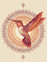 Fototapeta premium Hummingbird In Flight Centered Within A Dotted Mandala Pattern Against A Cream Background