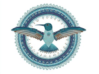 Obraz premium Hummingbird With Teal Blue Feathers Centered Within Ornate Blue And Teal Mandala Pattern