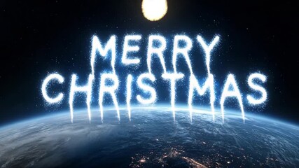 Ethereal Merry Christmas text glowing above the Earth at night a cosmic holiday greeting for global celebrations and festive designs