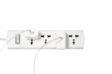 White Power Strip with Power Cord, Charging Cable, Multiple Outlets for Power Connection, Featuring US B Compatibility on a Transparent Background on Transparent Background.