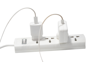 White Power Strip with Power Cord, Charging Cable, and Power Connection for US B Devices with Multiple Outlets for Versatile Usage on Transparent Background.