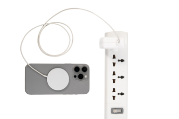 "White Power Strip with Power Cord, Charging Cable, Power Connection, US B Ports, and Multiple Outlets for Convenient Usage and Versatile Charging on Transparent Background.