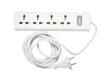 "White Power Strip with Six Outlets, Power Cord for Charging Cables and Power Connection, Featuring US B Ports and Multiple Outlets on Transparent Background.