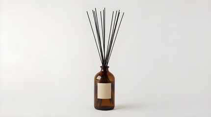 Obraz premium A brown amber glass bottle standing upright against a clean white background. The glass contains a diffuser liquid with an amazing smell.