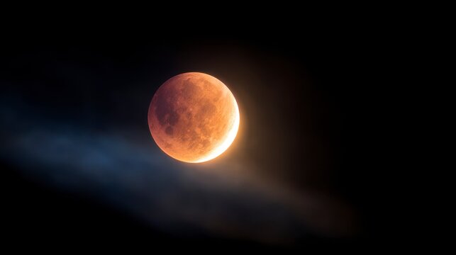A vibrant, reddish-orange full moon eclipses against a black sky, with wisps of blue-gray fog in the lower left. The moon is the focus - Powered by Adobe