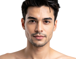 A close-up portrait shows a man with dark hair, brown eyes, and smooth skin against a solid black background. He looks directly at the viewer