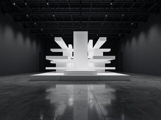 Futuristic white geometric stage in dark hall with reflections, 3D exhibition podium background with copy space.