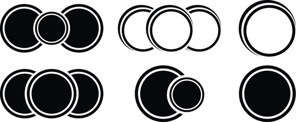 Abstract Circular Geometric Logo Icons and Minimalist Graphic Design Elements Set. Six Minimalist Black and White Vector Circles and Rings Frames Icons.