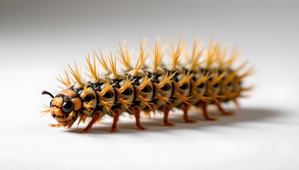 An insect with distinctive spines on its body is photographed against a neutral background. Its coloring features orange and black segments, along with yellow edged antennae.