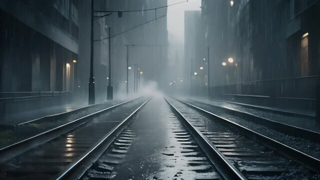 Rainy day on city train tracks with reflections and streetlights.