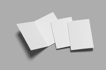 Realistic blank bifold brochure for mockup. Catalog illustration. 3D Render.
