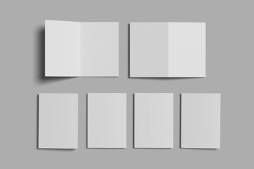 Cover bifold half-folded blank papers (booklets, postcards, flyers or brochures) mockup template on gray background